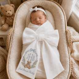 Baby Bear Embroidered Newborn Bow Sash, Teddy Monogram Custom Swaddle, Sash For Picture, Shower Gift - thumbnail 1