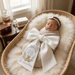 Baby Bear Embroidered Newborn Bow Sash, Teddy Monogram Custom Swaddle, Sash For Picture, Shower Gift - thumbnail 2