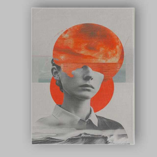 Surreal Monochrome Portrait With Red Moon Ocean Collage Canvas Wall Art Print Decor Picture Ready To Hang - image 1