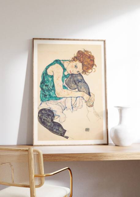 Seated Woman With Bent Knee Print, Egon Schiele Painting, Modern Art, Minimalist Vintage Poster, Neutral Wall Gift For Her, Digital Art - image 1
