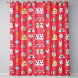 Easter Chick Bunny Carrot Rainbow Flower Kawai Red Background Seamless Pattern Readymade Eyelet Ring Top Thermal 100% Blackout Curtains - thumbnail 2