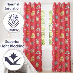 Easter Chick Bunny Carrot Rainbow Flower Kawai Red Background Seamless Pattern Readymade Eyelet Ring Top Thermal 100% Blackout Curtains - thumbnail 3