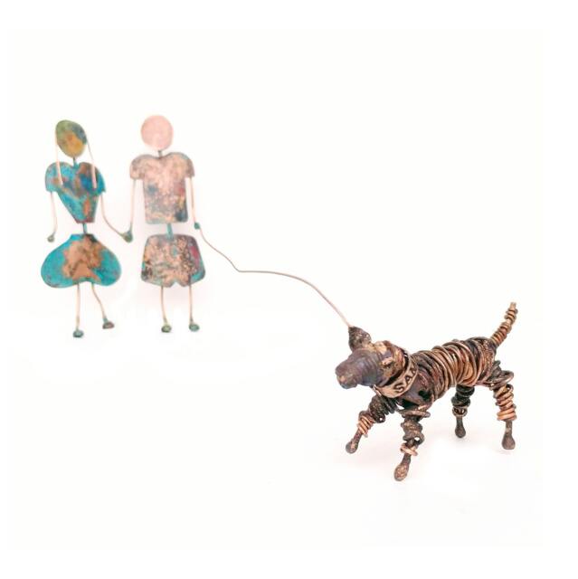Couple Walking A Dog Sculpture, Copper Anniversary Gift Idea, Walk Figurine, Handmade Valentines Day - Custom Order - image 1