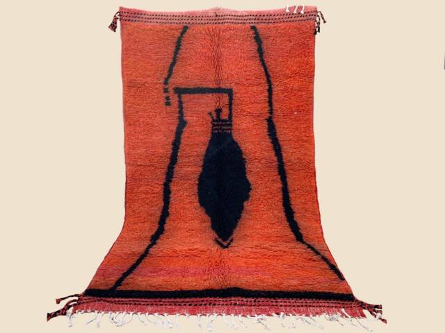 Handwoven Wool Boujaad Rug Moroccan Folk Art, Orange & Black, 4.69Ft X 8.39Ft - image 1