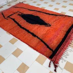 Handwoven Wool Boujaad Rug Moroccan Folk Art, Orange & Black, 4.69Ft X 8.39Ft - thumbnail 2