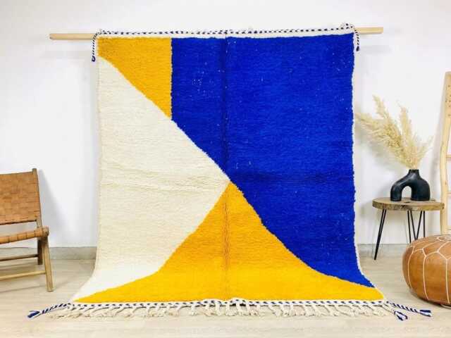 Blue Yellow Geometric Moroccan Shag Rug - Hand Tufted Berber Area Modern Boho Decor, Custom Wool Carpet - image 1
