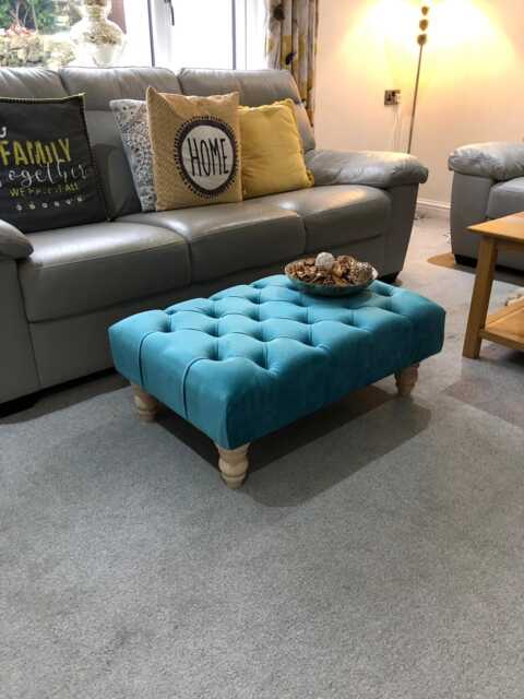 Handmade Chesterfield Plush Velvet Footstool - Button Tufted Ottoman, Natural Wooden Legs 37cm High - image 1