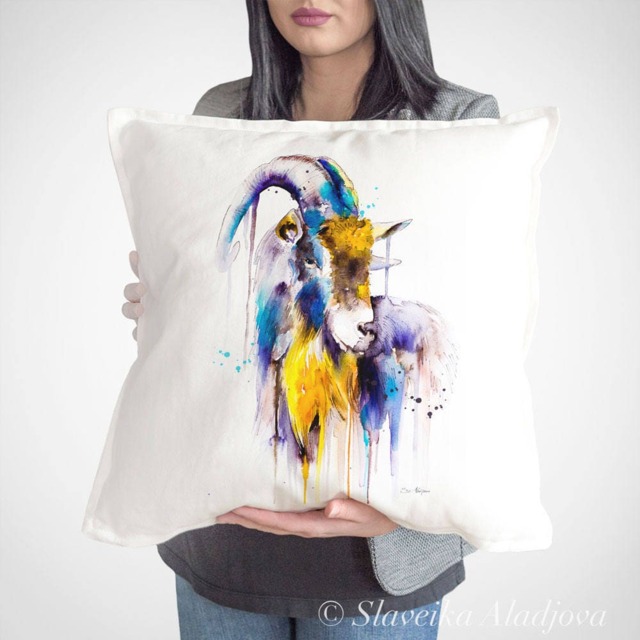 Goat 4 Throw Pillow Cover By Slaveika Aladjova, Cushion Cover, Decorative Pillow Cover, Animal Art, Watercolor Pillow, Christmas Gift - image 1