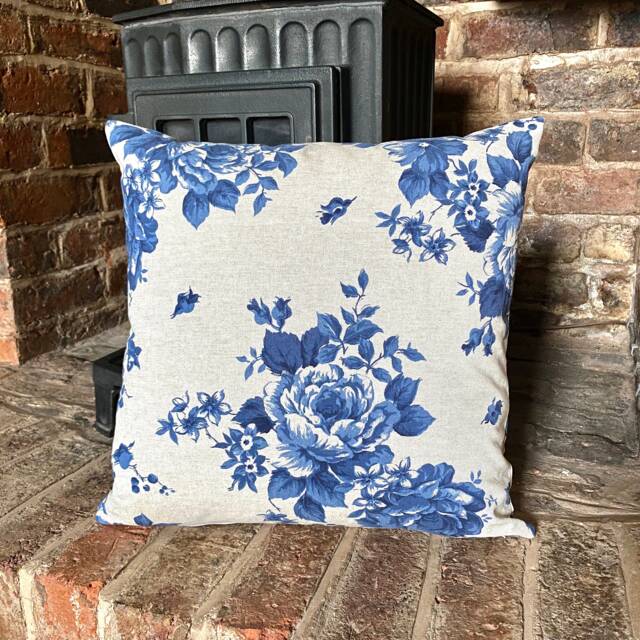 536. Blue Flowers Linen Look 100% Cotton Cushion Cover. Various Sizes