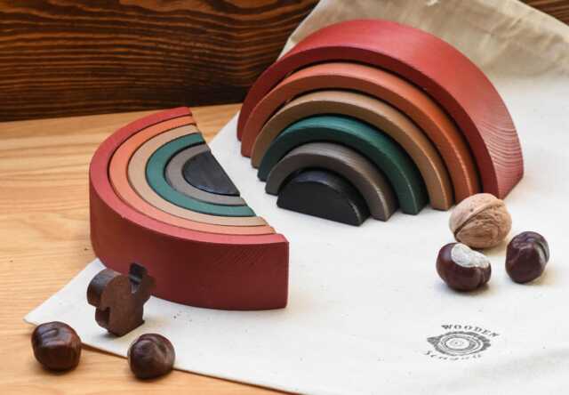 Fall Rainbow Stacking Toy - 6 Pieces Wooden Earth-Toned Autumn Nursery Decor - image 1
