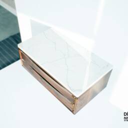 Floating Nightstand With Drawer Handmade in Solid Walnut & Carrara Marble, Suspended End Table, Wooden Bedside Table - thumbnail 4