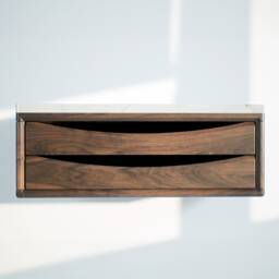 Floating Nightstand With Drawer Handmade in Solid Walnut & Carrara Marble, Suspended End Table, Wooden Bedside Table
