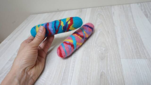 Wool Baby Rattle Stick Cocoon Long Multicolor Felted Striped Green Blue Pink Yellow Purple White Orange Cat Dog Pet Toddler Toy Game Play - image 1