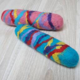 Wool Baby Rattle Stick Cocoon Long Multicolor Felted Striped Green Blue Pink Yellow Purple White Orange Cat Dog Pet Toddler Toy Game Play - thumbnail 2