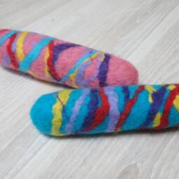 Wool Baby Rattle Stick Cocoon Long Multicolor Felted Striped Green Blue Pink Yellow Purple White Orange Cat Dog Pet Toddler Toy Game Play - thumbnail 3