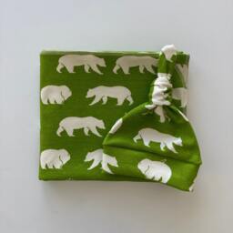 Organic Baby Blanket & Newborn Hat Set. Gender-Neutral Take-Home Bears Swaddle Shower Gift. Photo Prop - thumbnail 2