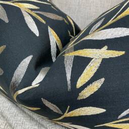Leaf Trail Cushion Cover Langley Graphite Gold - Steel Embroidered Leaves 12x20 Lumbar Handmade UK - thumbnail 4