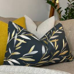 Leaf Trail Cushion Cover Langley Graphite Gold - Steel Embroidered Leaves 12x20 Lumbar Handmade UK