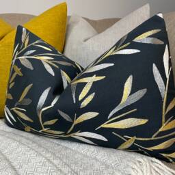 Leaf Trail Cushion Cover Langley Graphite Gold - Steel Embroidered Leaves 12x20 Lumbar Handmade UK - thumbnail 2