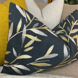 Leaf Trail Cushion Cover Langley Graphite Gold - Steel Embroidered Leaves 12x20 Lumbar Handmade UK - thumbnail 3
