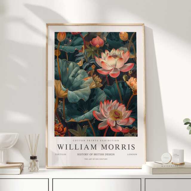 William Morris Print, Art, Exhibition Poster, Teal Wall Water Lily, Cloakroom Large Botanical Art - image 1