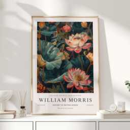 William Morris Print, Art, Exhibition Poster, Teal Wall Water Lily, Cloakroom Large Botanical Art - thumbnail 1