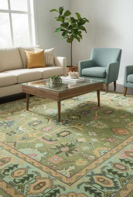 Handmade Olive Green Wool Rug, Made To Order Bedroom Woven Carpet - image 1