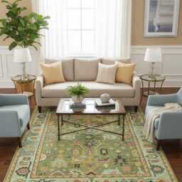 Handmade Olive Green Wool Rug, Made To Order Bedroom Woven Carpet - thumbnail 3