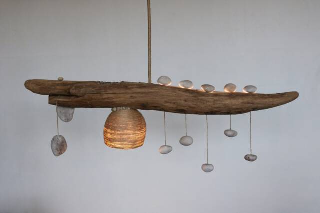 Driftwood Light With Quartz Pebble Pendants - Japandi Lighting Handmade Rustic Ceiling Lamp Wood Chandelier - image 1