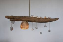 Driftwood Light With Quartz Pebble Pendants - Japandi Lighting Handmade Rustic Ceiling Lamp Wood Chandelier