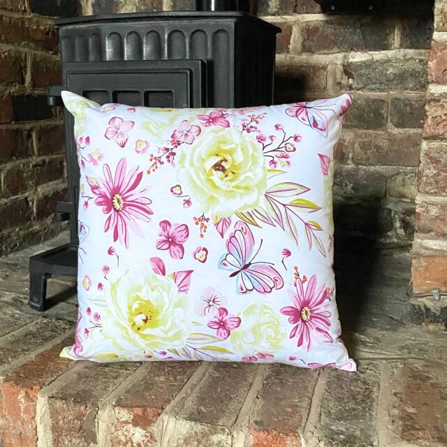 871. Handmade Pink & Yellow Flowers 100% Cotton Cushion Cover. Various Sizes