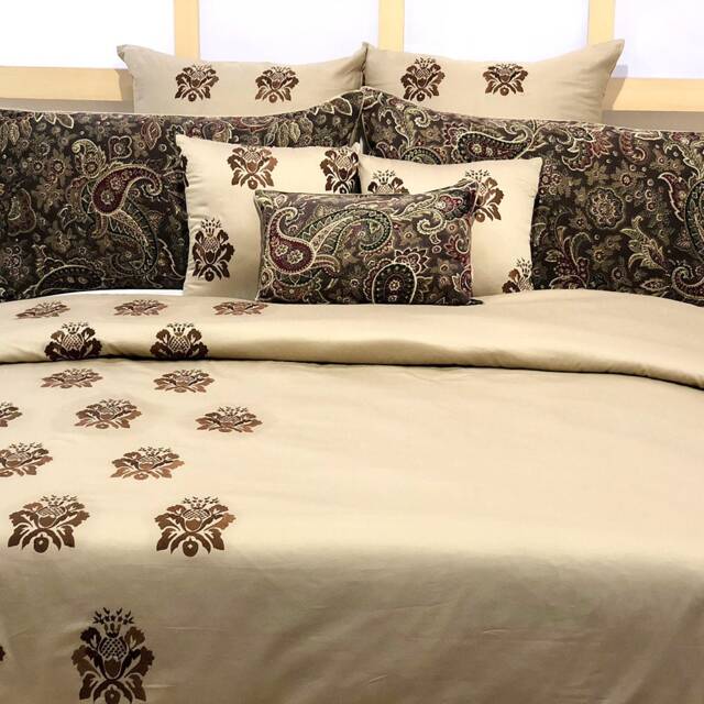 King, Queen & Twin Size Beige Decorative Duvet Cover Set, Cotton Embroidery & Print, Paisley Traditional - Love - image 1