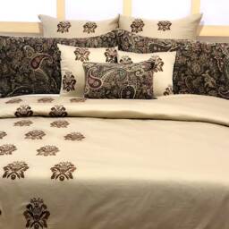 King, Queen & Twin Size Beige Decorative Duvet Cover Set, Cotton Embroidery & Print, Paisley Traditional - Love - thumbnail 1