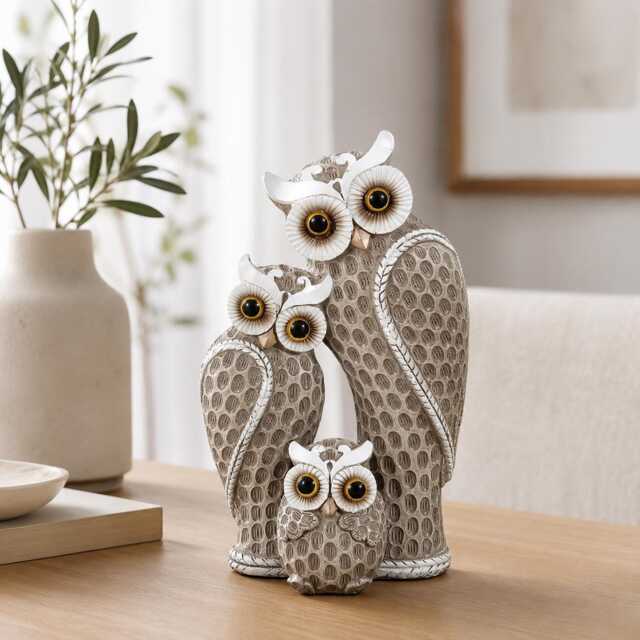 Owl Family Decoration Ornament, Resin Animal Figurine, Brown & Sage Green Home Decor, Nature Lover Gift, Wildlife Ornament For Living Room - image 1