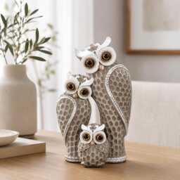 Owl Family Decoration Ornament, Resin Animal Figurine, Brown & Sage Green Home Decor, Nature Lover Gift, Wildlife Ornament For Living Room