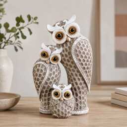 Owl Family Decoration Ornament, Resin Animal Figurine, Brown & Sage Green Home Decor, Nature Lover Gift, Wildlife Ornament For Living Room - thumbnail 3