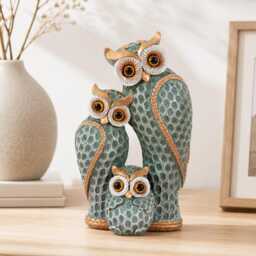Owl Family Decoration Ornament, Resin Animal Figurine, Brown & Sage Green Home Decor, Nature Lover Gift, Wildlife Ornament For Living Room - thumbnail 4