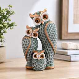 Owl Family Decoration Ornament, Resin Animal Figurine, Brown & Sage Green Home Decor, Nature Lover Gift, Wildlife Ornament For Living Room - thumbnail 2