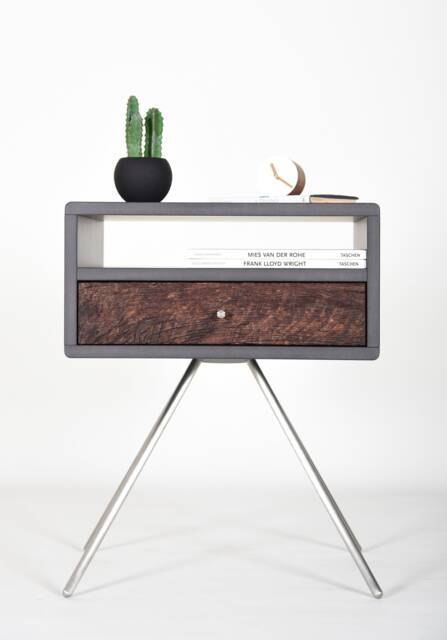 Modern Nightstand Mid Century With Drawer Gray End Solid Old Wood - image 1