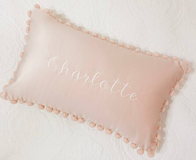Embroidered Monogrammed Velvet Pom Lumbar Pillow, Home Decor, Dorm, Nursery, Gift - image 1