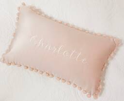 Embroidered Monogrammed Velvet Pom Lumbar Pillow, Home Decor, Dorm, Nursery, Gift - thumbnail 1