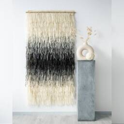 Boho Wall Art - Modern Woven Tapestry Black Cream Wool Natural Bamboo Rod Japandi Minimalist Textile For Home Elegant Gerhana - thumbnail 4