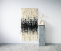 Boho Wall Art - Modern Woven Tapestry Black Cream Wool Natural Bamboo Rod Japandi Minimalist Textile For Home Elegant Gerhana