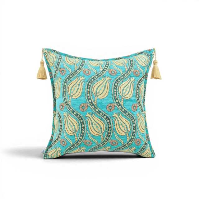 Turkish Fabric Pillow Cover 18x18, Turquoise Blue Boho Throw Pillow, Running Water Tulip Pattern Decorative Sofa Accent Ethnic Cushion Case - image 1