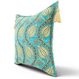 Turkish Fabric Pillow Cover 18x18, Turquoise Blue Boho Throw Pillow, Running Water Tulip Pattern Decorative Sofa Accent Ethnic Cushion Case - thumbnail 2