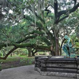 New Orleans City Park Fountain Photograph, Bronze Patina, Turquoise, Spanish Moss, Large Reaching Live Oaks, Lustre Prints, Big Easy - thumbnail 2