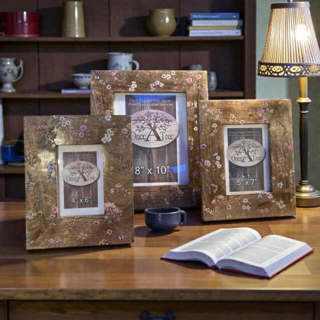 Wooden Photo Frame With Floral Prints, Antique Inspired Frame, Rustic Home Decor - image 1