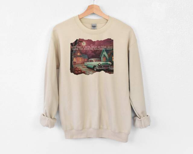 Halloween Nostalgic Retro Car Sweatshirt - Vintage Style Suburban Moonlight Drive, Autumnal Cool Mystical Eerie Magical Cosy - image 1