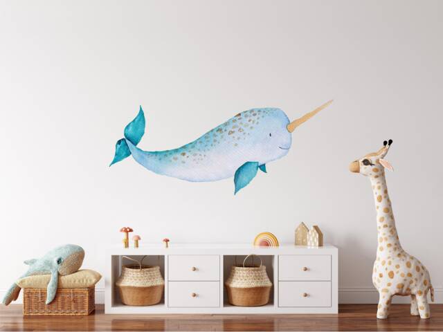 Baby Narwhal Fabric Wall Decal, Whale Ocean Sea Animal, Removable Sticker Peel & Stick Nursery Playroom Room Decor - image 1