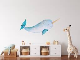 Baby Narwhal Fabric Wall Decal, Whale Ocean Sea Animal, Removable Sticker Peel & Stick Nursery Playroom Room Decor - thumbnail 1